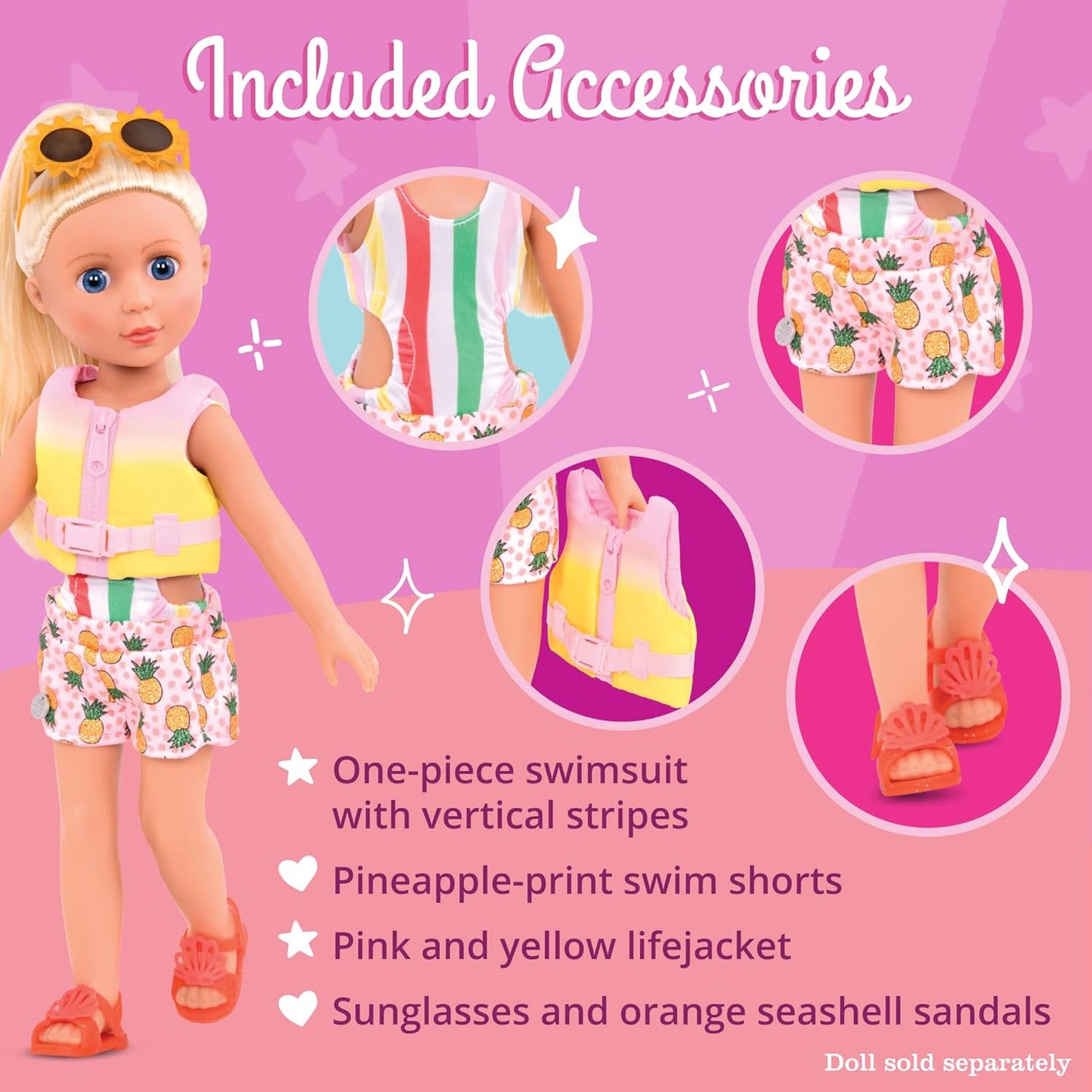– Bright as the Sun! – 14-Inch Deluxe Swimsuit Doll Outfit – Toys, Clothes, & Accessories for Girls Ages 3 & Up, Brown Includes Life Jacket, Swimsuit, Shorts, Sunglasses, Sandals