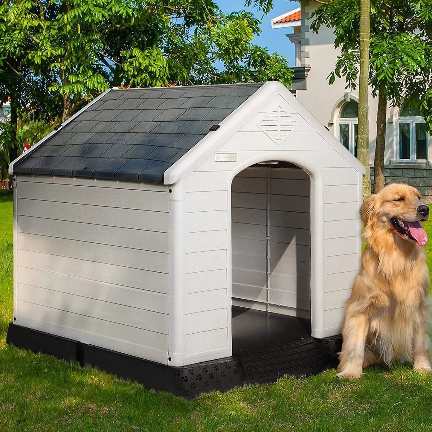 Plastic Dog House Outdoor Indoor for Small Medium Large Dogs,Waterproof Dog Houses with Elevated Floor and Air Vents,Durable Ventilate & Easy Clean and Assemble