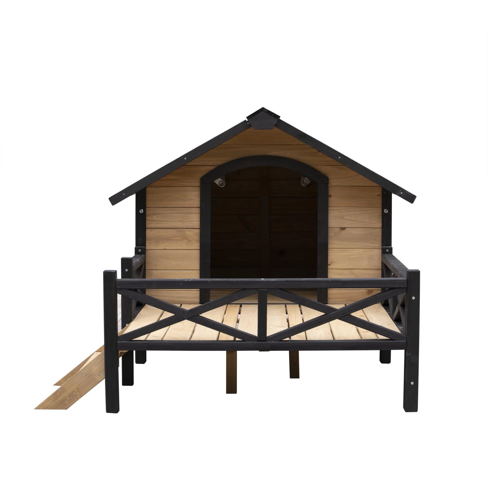66" Outdoor Dog House, Large Wooden Dog Kennel with Porch, Cabin House Style Pet Houses for Cats, Brown