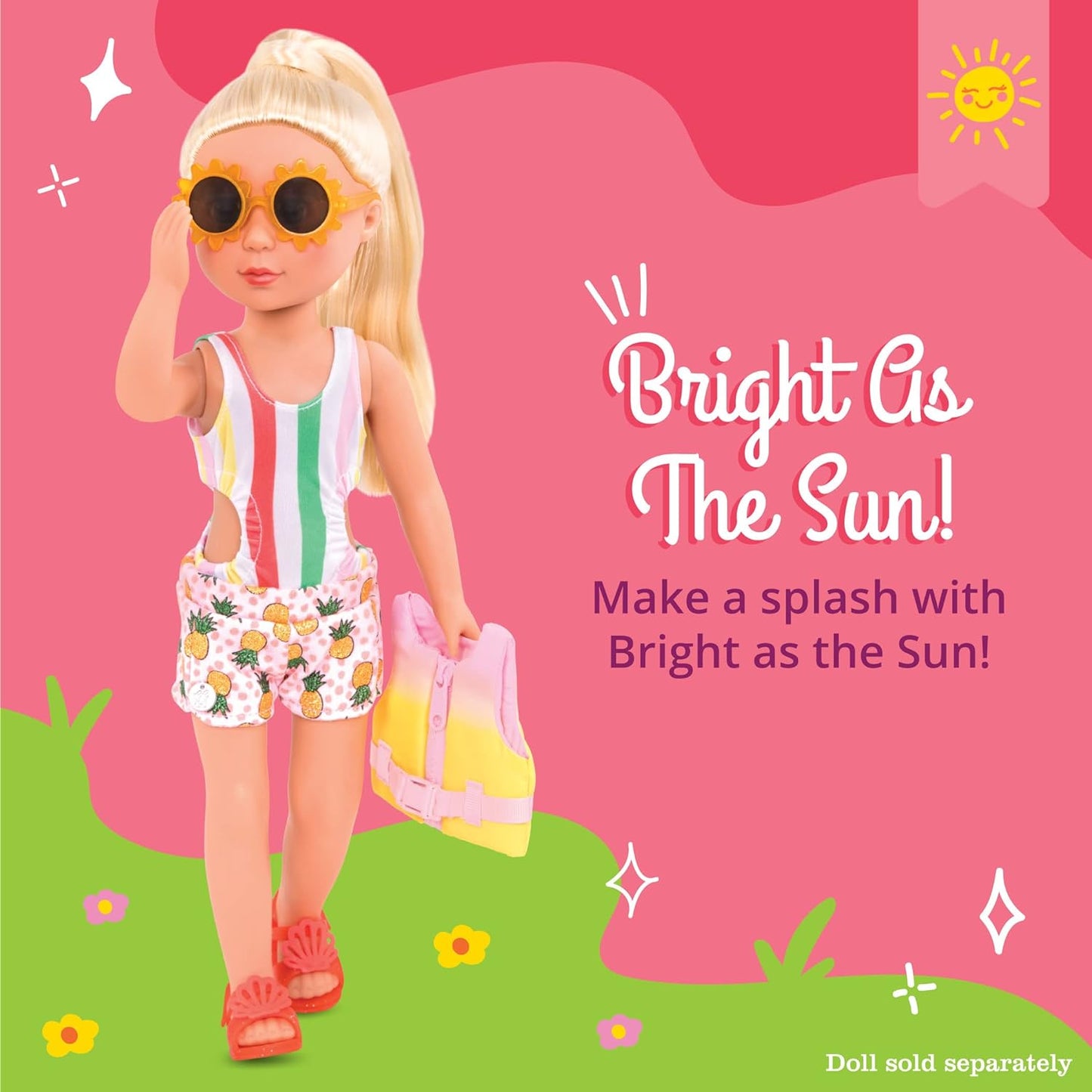 – Bright as the Sun! – 14-Inch Deluxe Swimsuit Doll Outfit – Toys, Clothes, & Accessories for Girls Ages 3 & Up, Brown Includes Life Jacket, Swimsuit, Shorts, Sunglasses, Sandals