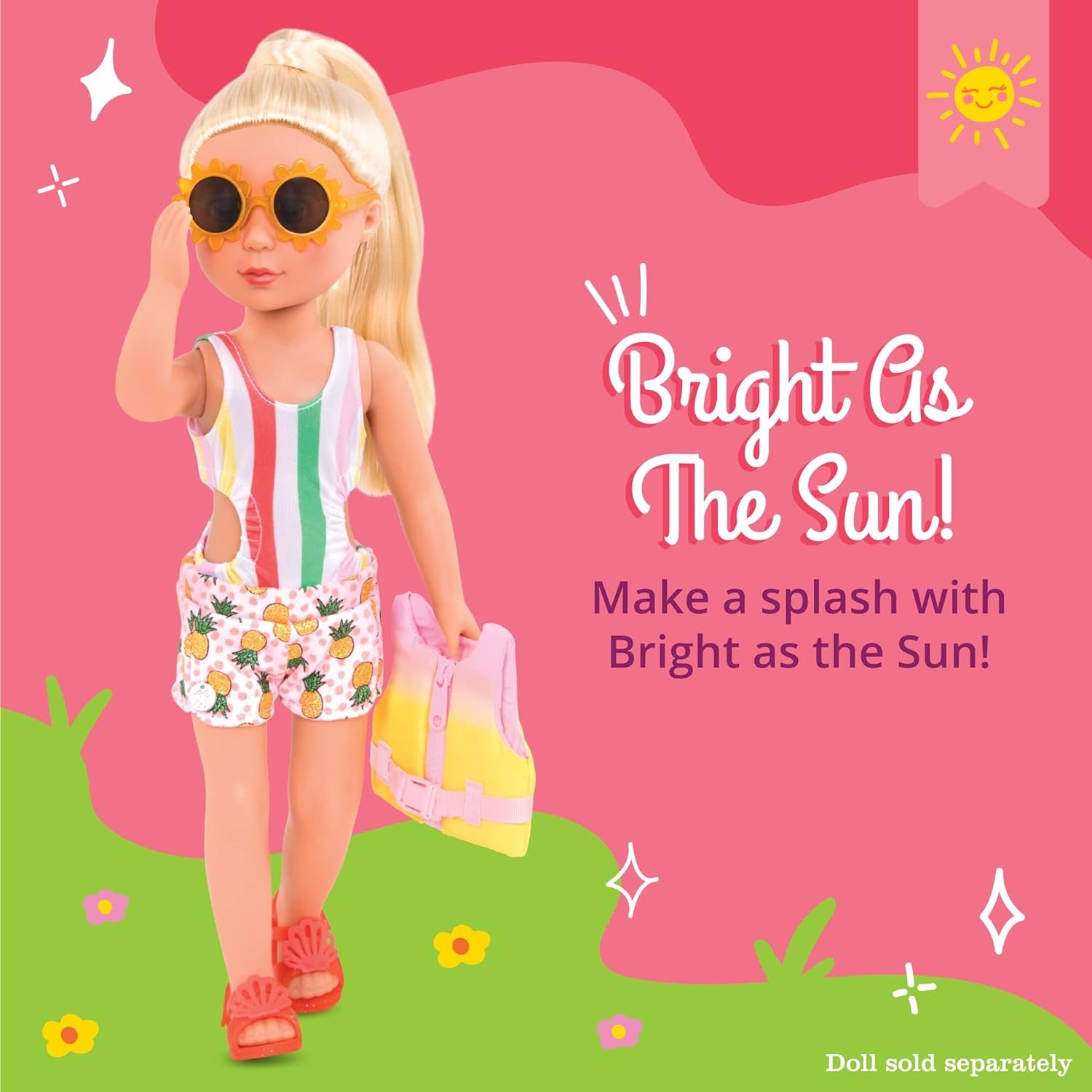 – Bright as the Sun! – 14-Inch Deluxe Swimsuit Doll Outfit – Toys, Clothes, & Accessories for Girls Ages 3 & Up, Brown Includes Life Jacket, Swimsuit, Shorts, Sunglasses, Sandals