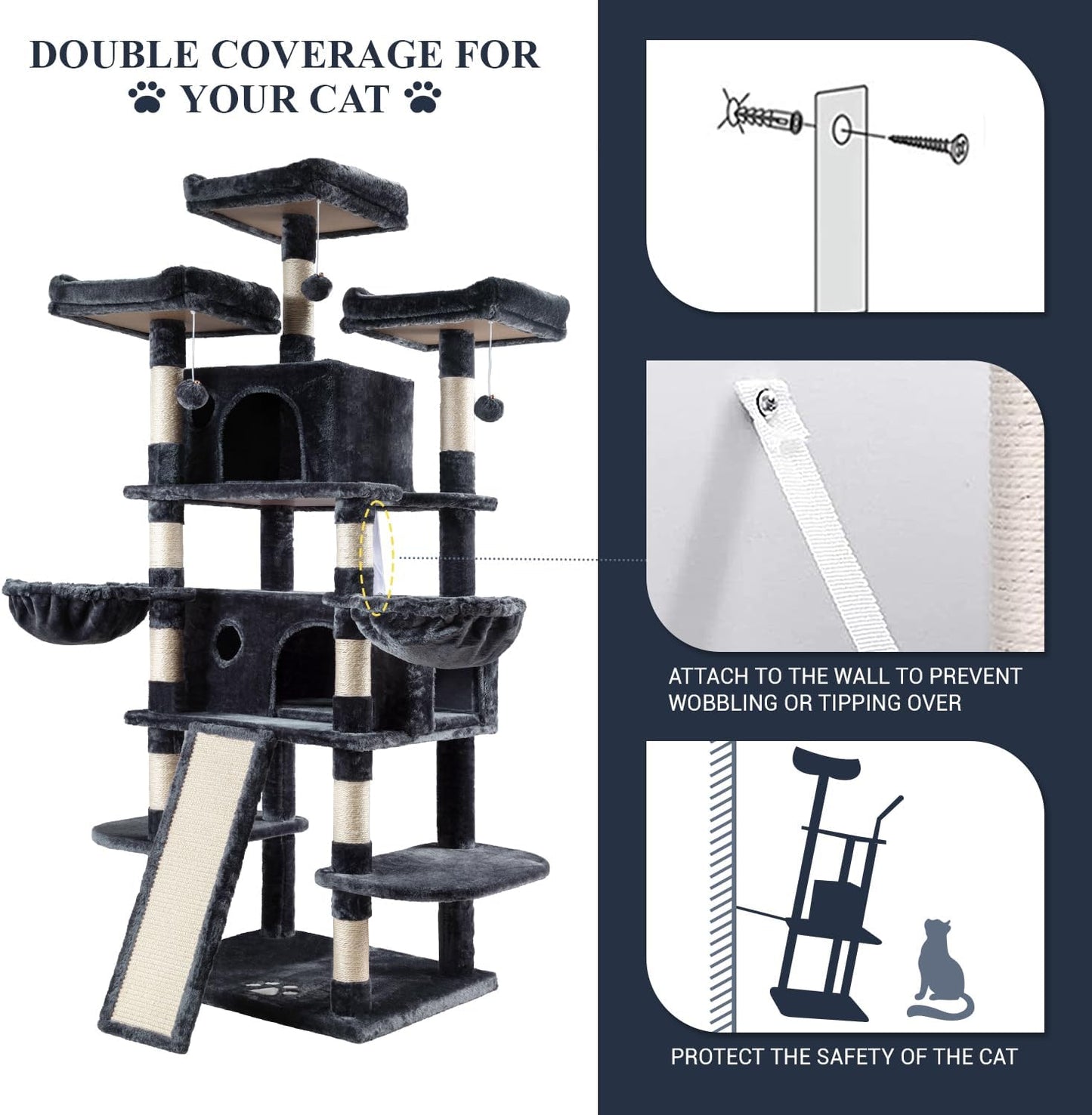 68 Inches Cat Tree/House and Towers for Big Feline/Scratching Post/Multi-Level Large Kitty Climbing Tree with Condo/Smokey Grey