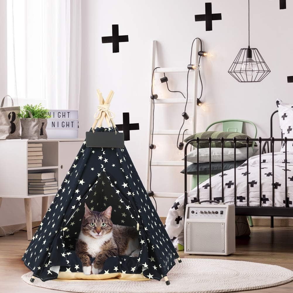 Pet Teepee, Large Dog Teepee Bed with Thick Cushion, 24 /28Inch Tall, Portable Washable Teepee Tent for Dogs Puppy, Cat and Rabbits, for Pets up to 33Lbs (Star-Navy)