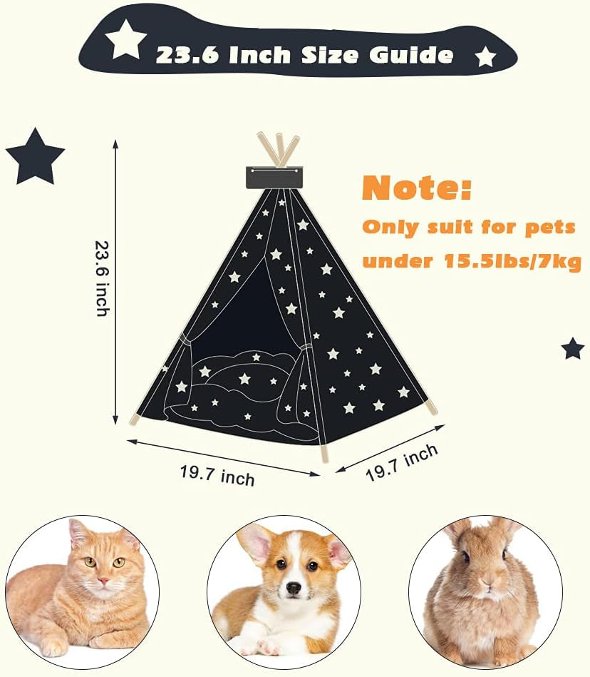 Pet Teepee, Large Dog Teepee Bed with Thick Cushion, 24 /28Inch Tall, Portable Washable Teepee Tent for Dogs Puppy, Cat and Rabbits, for Pets up to 33Lbs (Star-Navy)