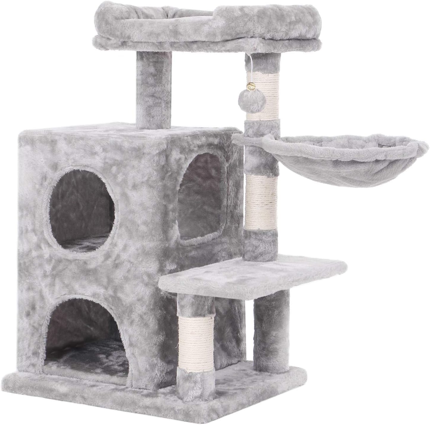 Cat Tree Condo with Sisal Scratching Posts, Plush Perch, Dual Houses and Basket, Cat Tower Furniture Kitty Activity Center Kitten Play House MMJ06 (Light Grey)