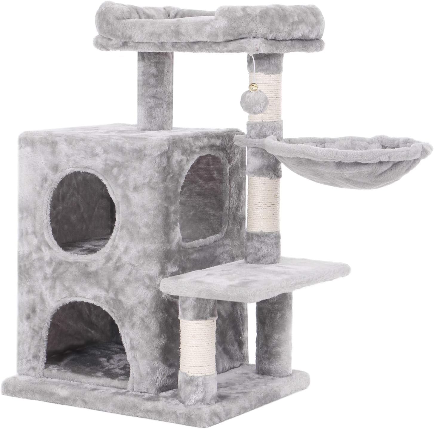 Cat Tree Condo with Sisal Scratching Posts, Plush Perch, Dual Houses and Basket, Cat Tower Furniture Kitty Activity Center Kitten Play House MMJ06 (Light Grey)