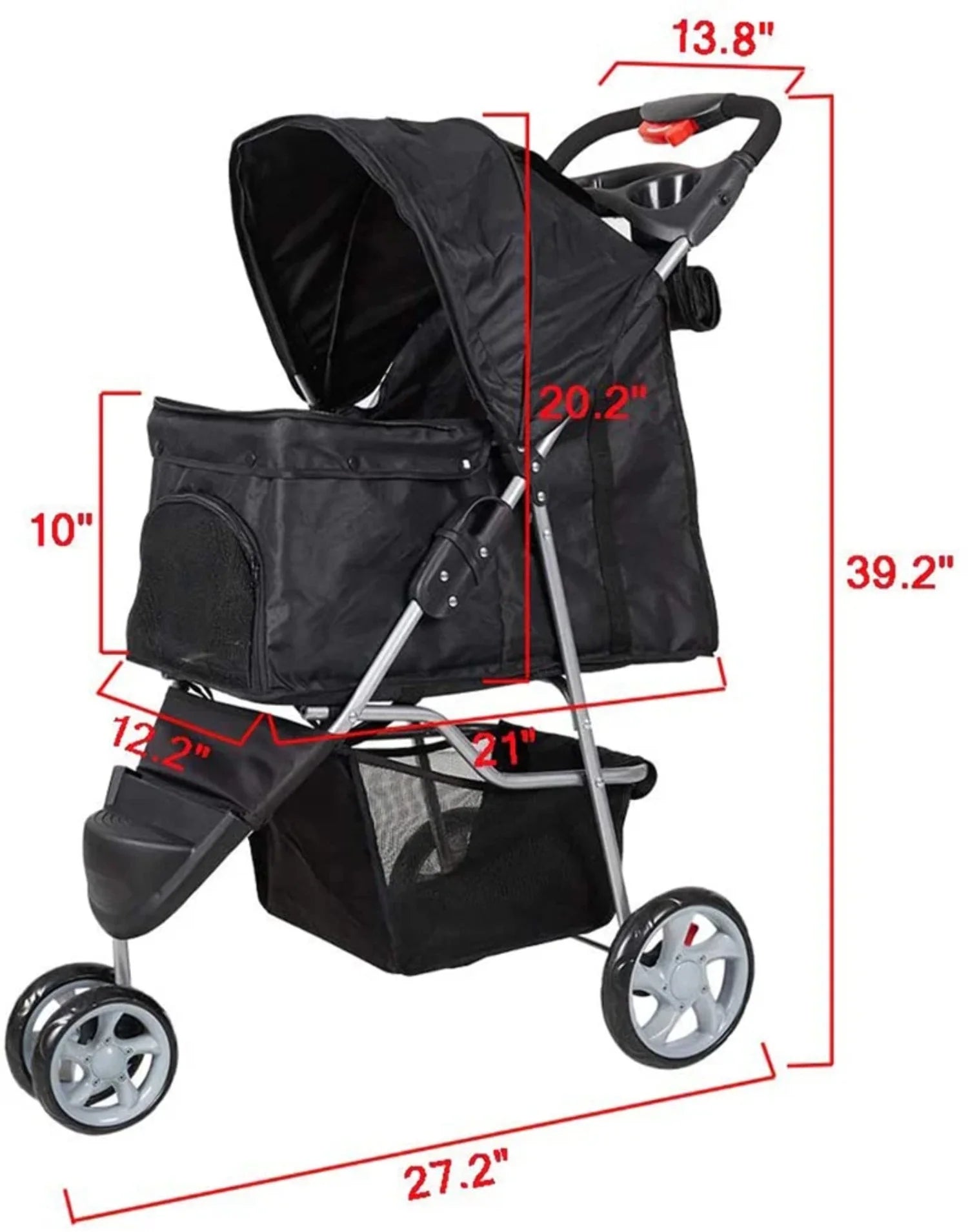 3-Wheeled Folding Dog Stroller with Safety Belts, Red