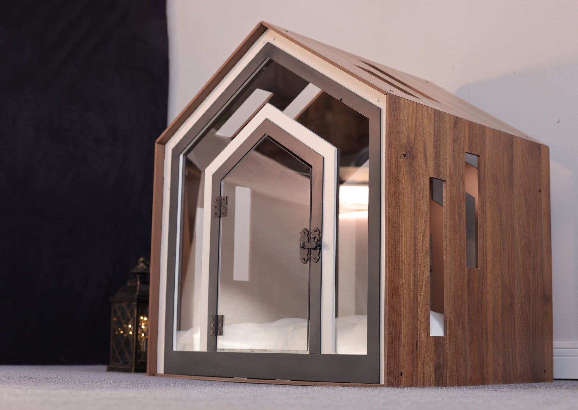 Mid Walnut Dog Crate with Custom Dog Bed, Dog Crate Furniture, Modern Dog Kennel, Indoor Dog House, Cat House, Cat Bed